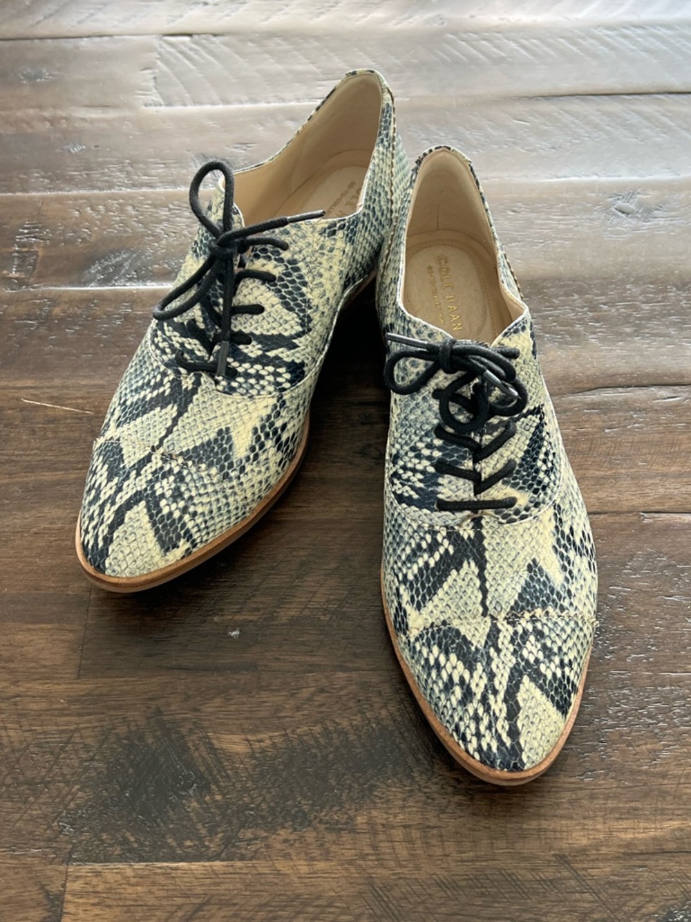 Cole Haan Snake-Print Lace-Up Flats in Black and Cream